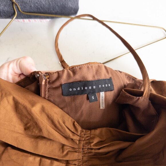 Endless Rose Shirred Blouson Romper in Camel Brown with Puffed Shorts Size S - Picture 4 of 10